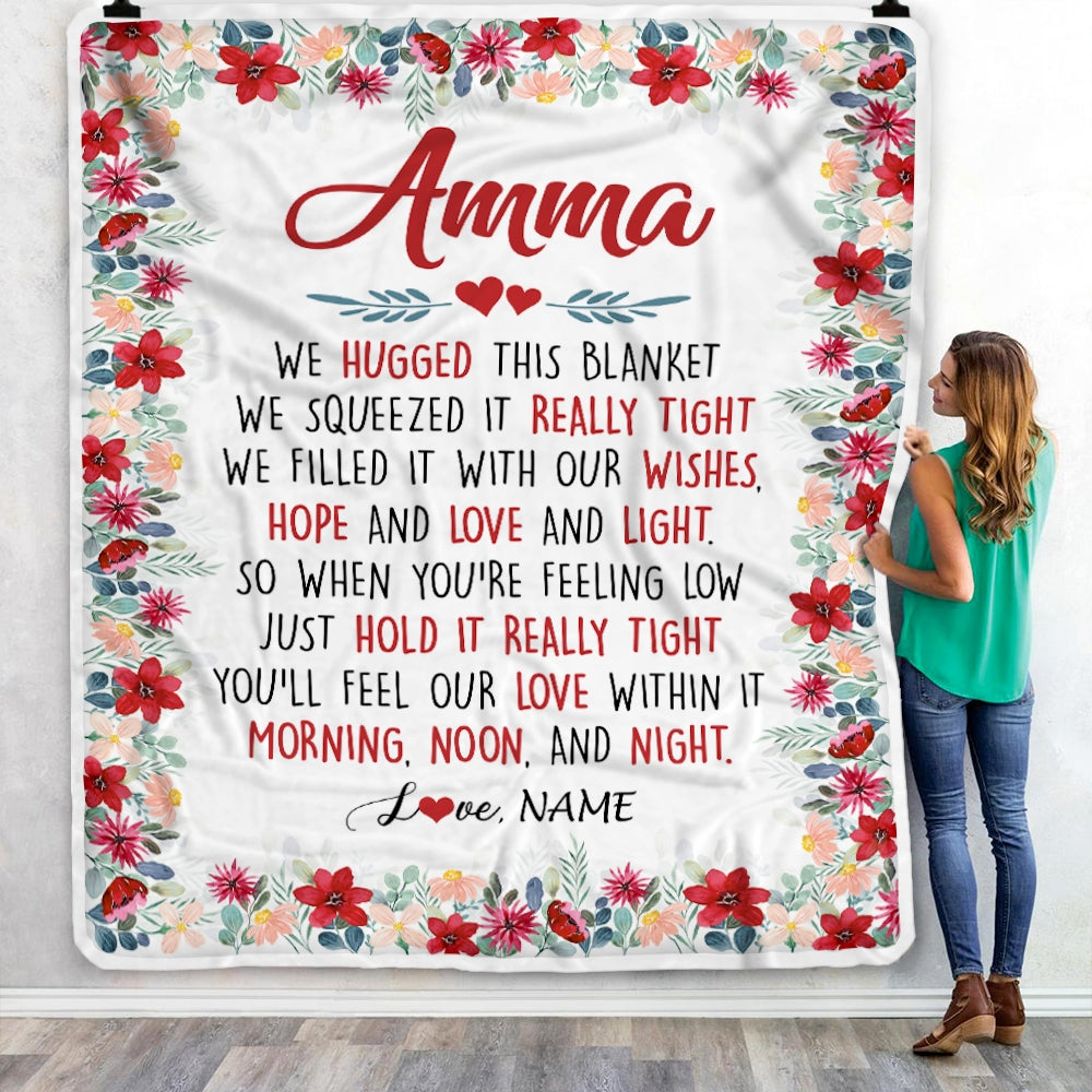 Personalized Amma Blanket From Grandkids Grandson Granddaughter We Hugged This Blanket Amma Birthday Mothers Day Christmas Customized Fleece Throw Blanket | siriusteestore