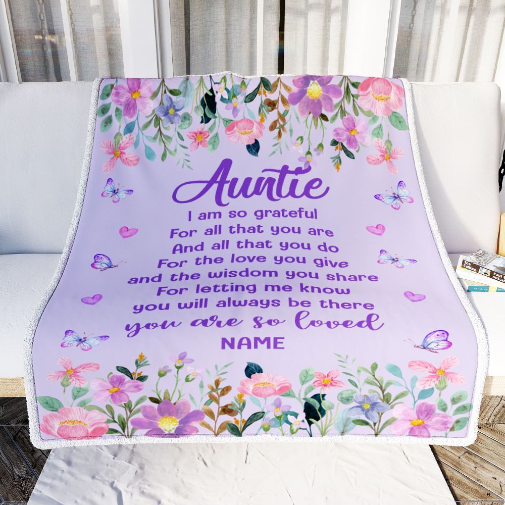 Personalized Auntie Blanket From Niece Nephew Floral Butterfly Love You Give Auntie Mothers Day Birthday Christmas Customized Bed Fleece Throw Blanket | siriusteestore