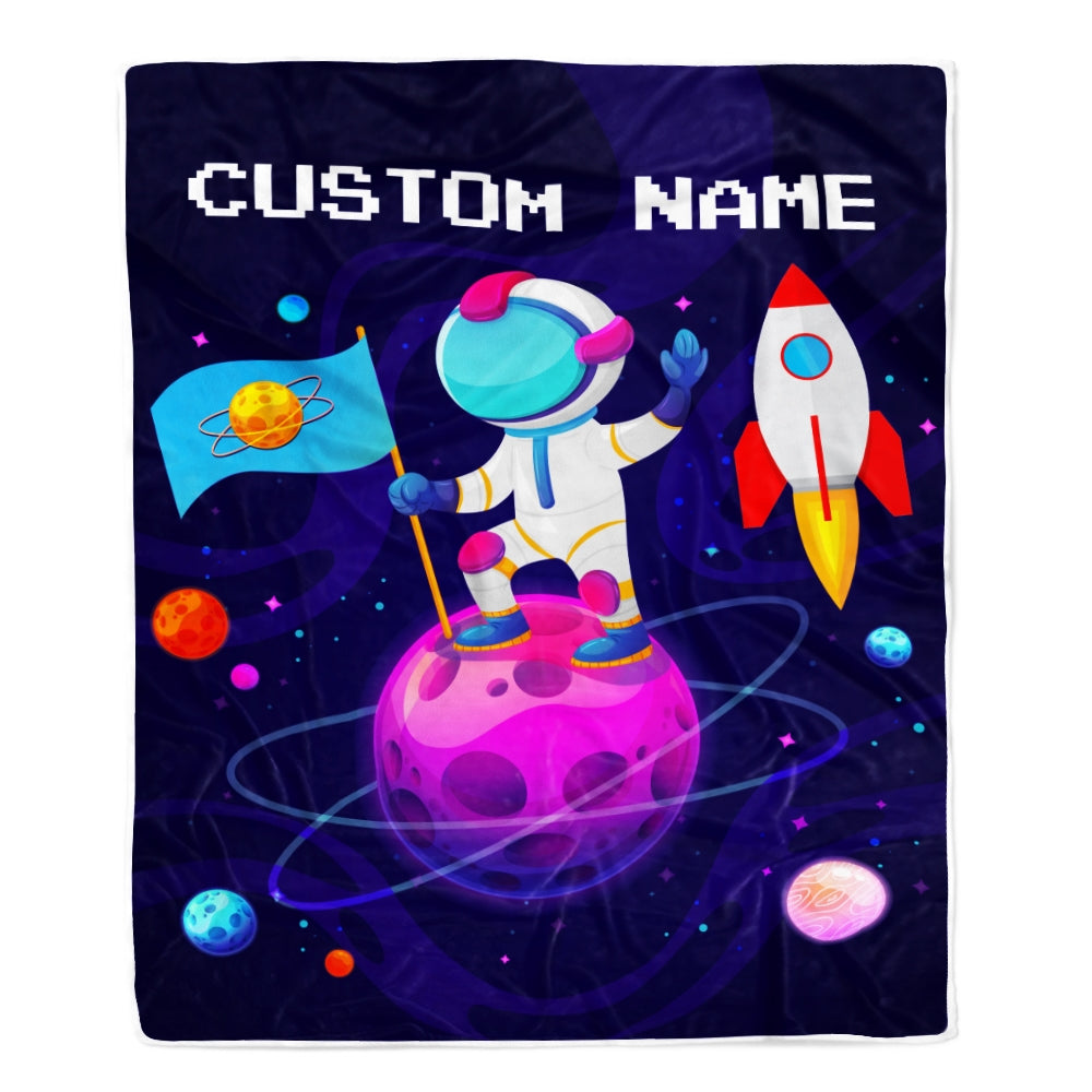 Personalized Baby Blanket Boy with Name Custom Astronaut Outer Space Rocket Ship Newborn Kids Son Grandson Nephew Birthday Christmas Customized Fleece Blanket | siriusteestore