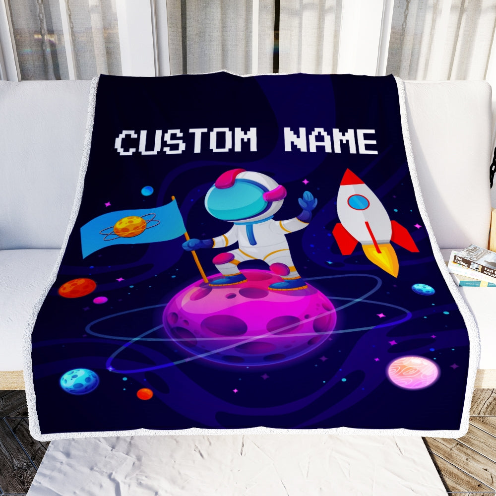 Personalized Baby Blanket Boy with Name Custom Astronaut Outer Space Rocket Ship Newborn Kids Son Grandson Nephew Birthday Christmas Customized Fleece Blanket | siriusteestore