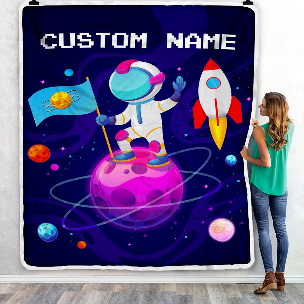 Personalized Baby Blanket Boy with Name Custom Astronaut Outer Space Rocket Ship Newborn Kids Son Grandson Nephew Birthday Christmas Customized Fleece Blanket | siriusteestore