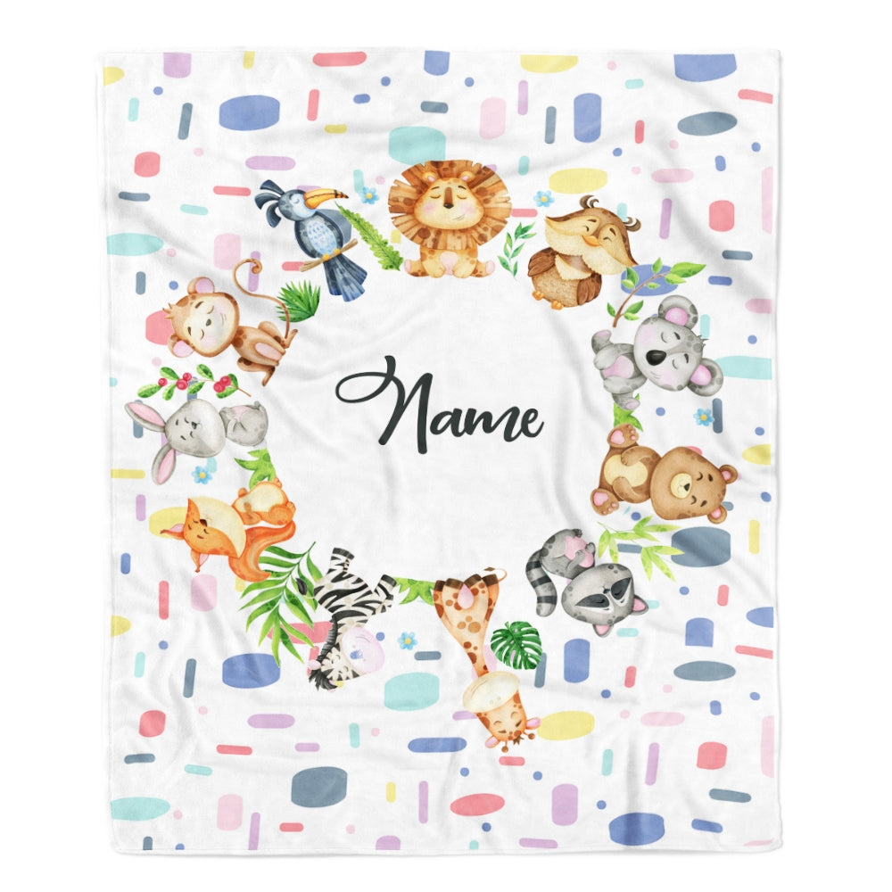Personalized Baby Blanket Custom Name Circle Animal for Newborn Boy Girl Son Daughter Grandson Granddaughter Niece Nephew Birthday Christmas Fleece Blanket | siriusteestore