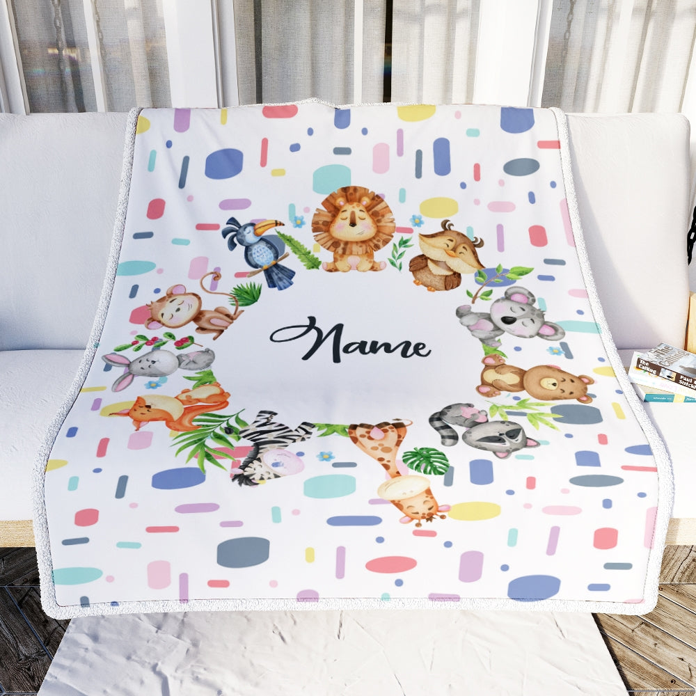 Personalized Baby Blanket Custom Name Circle Animal for Newborn Boy Girl Son Daughter Grandson Granddaughter Niece Nephew Birthday Christmas Fleece Blanket | siriusteestore