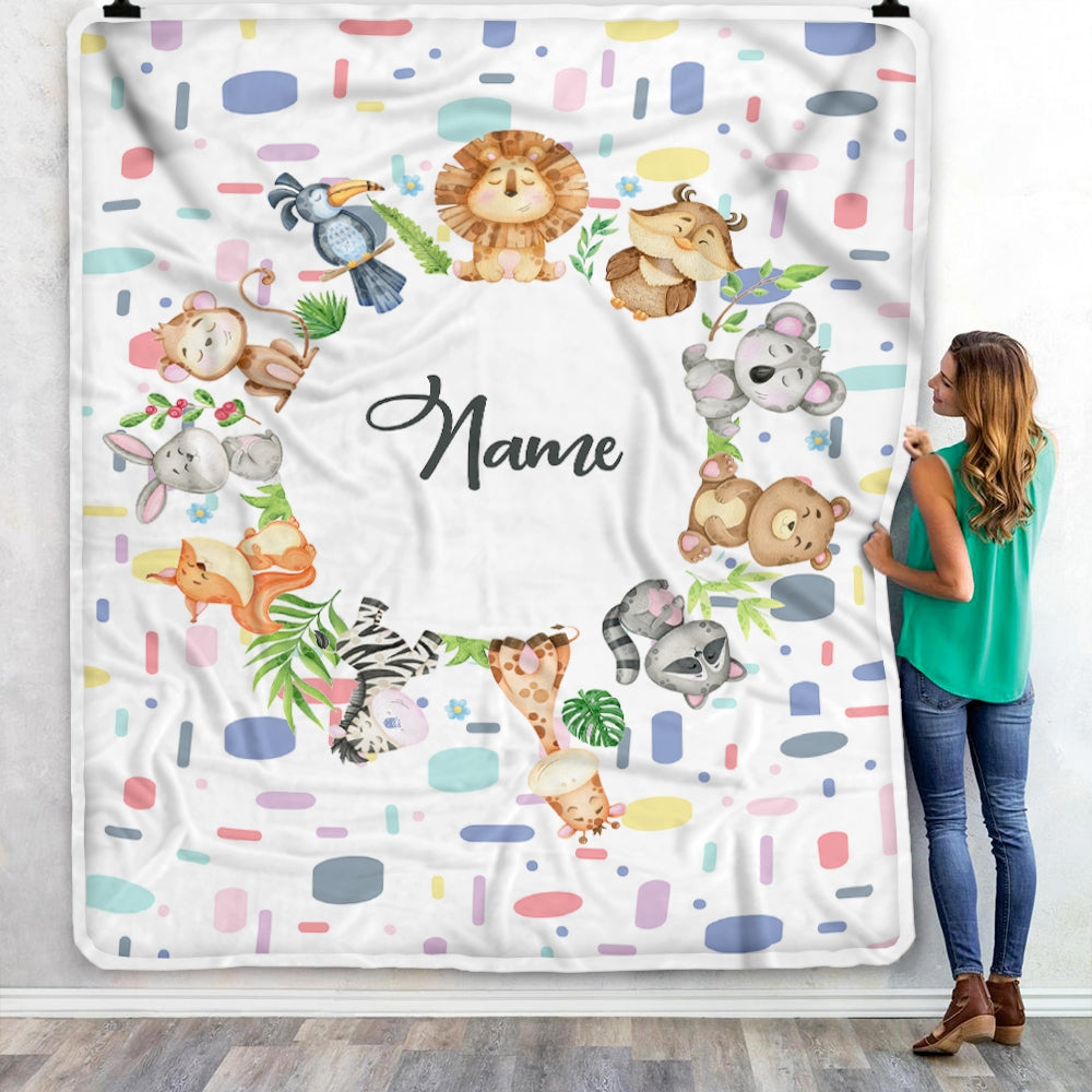 Personalized Baby Blanket Custom Name Circle Animal for Newborn Boy Girl Son Daughter Grandson Granddaughter Niece Nephew Birthday Christmas Fleece Blanket | siriusteestore