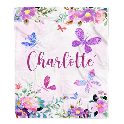 Personalized Baby Blanket Custom With Name For Girl Butterfly Purle Flower Kid Daughter Granddaughter Niece Birthday Customized Christmas Fleece Blanket | siriusteestore