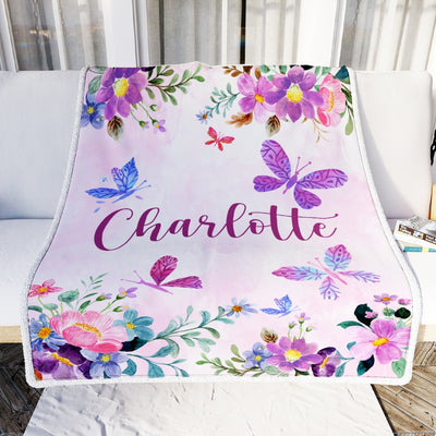 Personalized Baby Blanket Custom With Name For Girl Butterfly Purle Flower Kid Daughter Granddaughter Niece Birthday Customized Christmas Fleece Blanket | siriusteestore