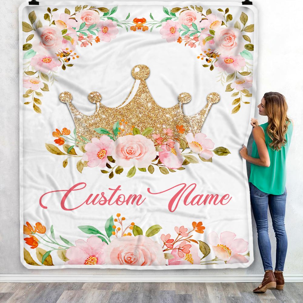 Personalized Baby Blanket With Custom Name Newborn Flower Crown For Girl Daughter Niece Granddaughter Birthday Christmas Customized Bed Fleece Throw Blanket | siriusteestore