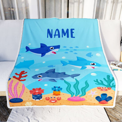 Personalized Baby Blanket With Custom Name Ocean Cute Shark for Baby Girls Boys Kids Newborn Daughter Granddaughter Niece Birthday Bed Fleece Throw Blanket | siriusteestore