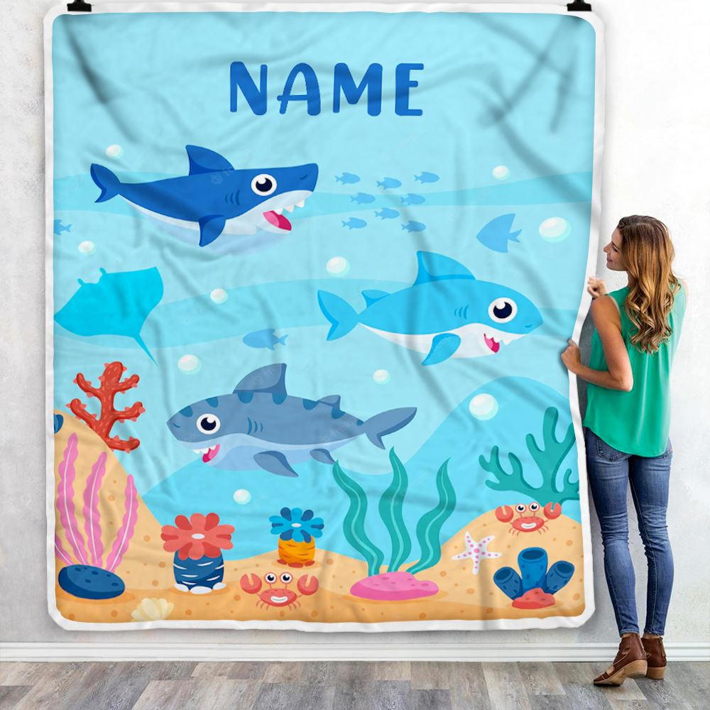 Personalized Baby Blanket With Custom Name Ocean Cute Shark for Baby Girls Boys Kids Newborn Daughter Granddaughter Niece Birthday Bed Fleece Throw Blanket | siriusteestore