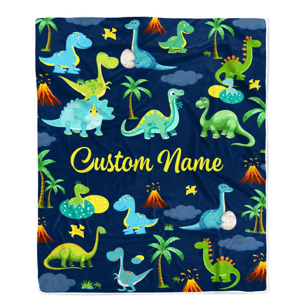 Personalized Baby Blanket With Name Custom Dark Blue Dinosaur For Boy Kids Newborn Son Grandson Nephew Birthday Christmas Customized Bed Fleece Throw Blanket | siriusteestore