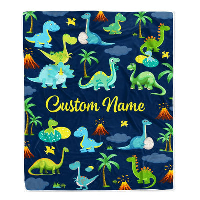 Personalized Baby Blanket With Name Custom Dark Blue Dinosaur For Boy Kids Newborn Son Grandson Nephew Birthday Christmas Customized Bed Fleece Throw Blanket | siriusteestore
