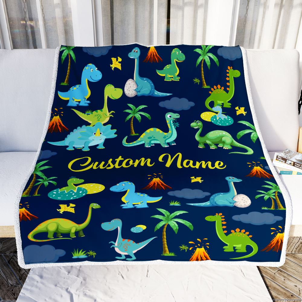 Personalized Baby Blanket With Name Custom Dark Blue Dinosaur For Boy Kids Newborn Son Grandson Nephew Birthday Christmas Customized Bed Fleece Throw Blanket | siriusteestore