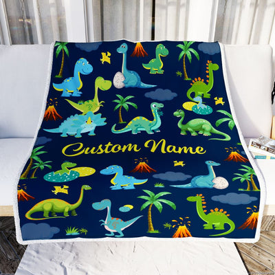 Personalized Baby Blanket With Name Custom Dark Blue Dinosaur For Boy Kids Newborn Son Grandson Nephew Birthday Christmas Customized Bed Fleece Throw Blanket | siriusteestore