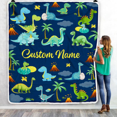 Personalized Baby Blanket With Name Custom Dark Blue Dinosaur For Boy Kids Newborn Son Grandson Nephew Birthday Christmas Customized Bed Fleece Throw Blanket | siriusteestore