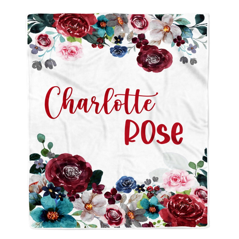 Personalized Baby Blanket With Name Custom For Girls Flower Maroon Baby Name Cobijas Para Bebe Niña Daughter Granddaughter Niece Birthday Fleece Blanket | siriusteestore