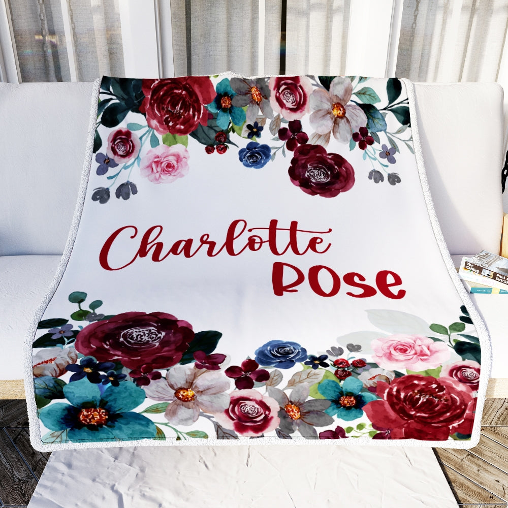 Personalized Baby Blanket With Name Custom For Girls Flower Maroon Baby Name Cobijas Para Bebe Niña Daughter Granddaughter Niece Birthday Fleece Blanket | siriusteestore