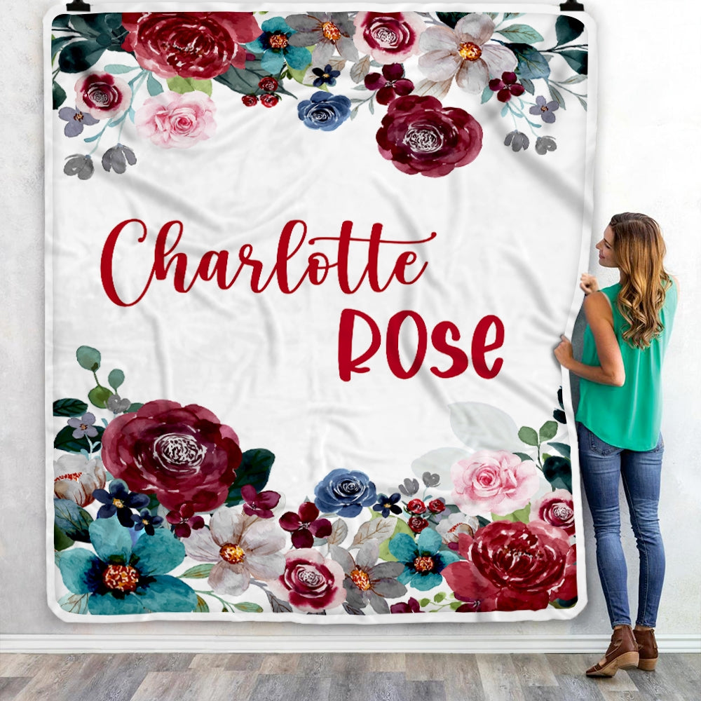 Personalized Baby Blanket With Name Custom For Girls Flower Maroon Baby Name Cobijas Para Bebe Niña Daughter Granddaughter Niece Birthday Fleece Blanket | siriusteestore