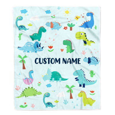 Personalized Baby Blanket With Name Custom Light Blue Dinosaur For Kids Boy Newborn Son Grandson Nephew Birthday Christmas Customized Bed Fleece Throw Blanket | siriusteestore