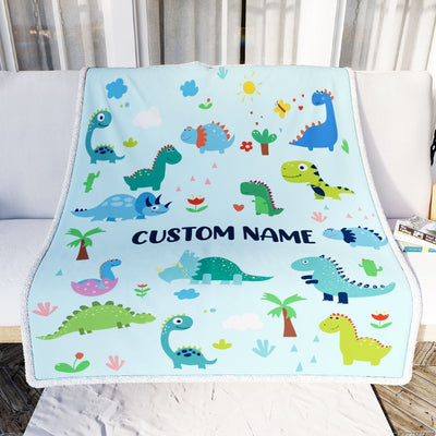 Personalized Baby Blanket With Name Custom Light Blue Dinosaur For Kids Boy Newborn Son Grandson Nephew Birthday Christmas Customized Bed Fleece Throw Blanket | siriusteestore
