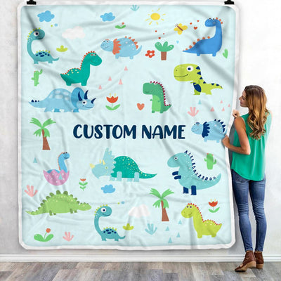 Personalized Baby Blanket With Name Custom Light Blue Dinosaur For Kids Boy Newborn Son Grandson Nephew Birthday Christmas Customized Bed Fleece Throw Blanket | siriusteestore