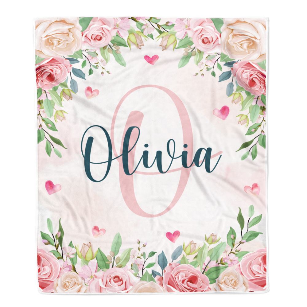 Personalized Baby Blanket With Name Custom Pink Flower Floral Girl Newborn Daughter Niece Granddaughter Birthday Christmas Customized Bed Fleece Throw Blanket | siriusteestore