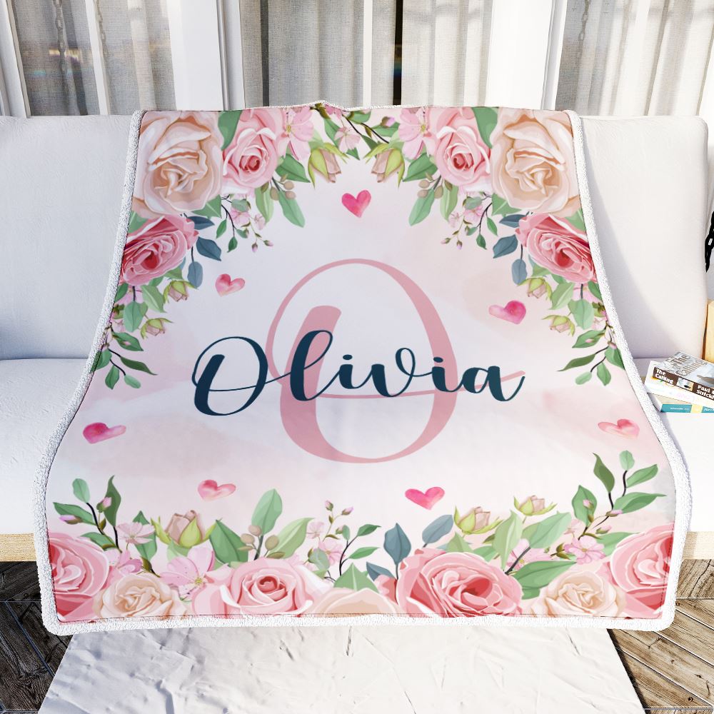 Personalized Baby Blanket With Name Custom Pink Flower Floral Girl Newborn Daughter Niece Granddaughter Birthday Christmas Customized Bed Fleece Throw Blanket | siriusteestore