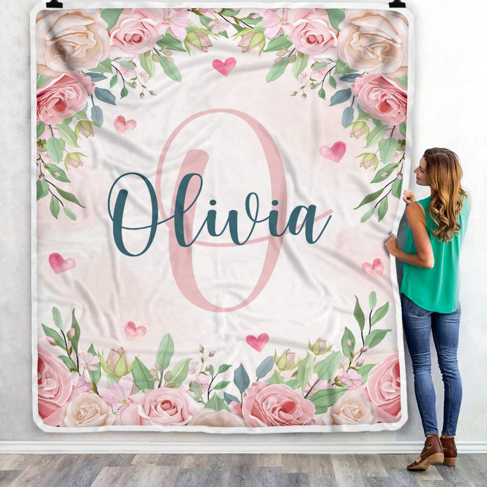Personalized Baby Blanket With Name Custom Pink Flower Floral Girl Newborn Daughter Niece Granddaughter Birthday Christmas Customized Bed Fleece Throw Blanket | siriusteestore