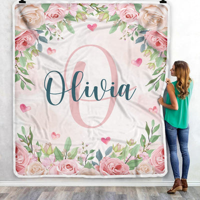 Personalized Baby Blanket With Name Custom Pink Flower Floral Girl Newborn Daughter Niece Granddaughter Birthday Christmas Customized Bed Fleece Throw Blanket | siriusteestore