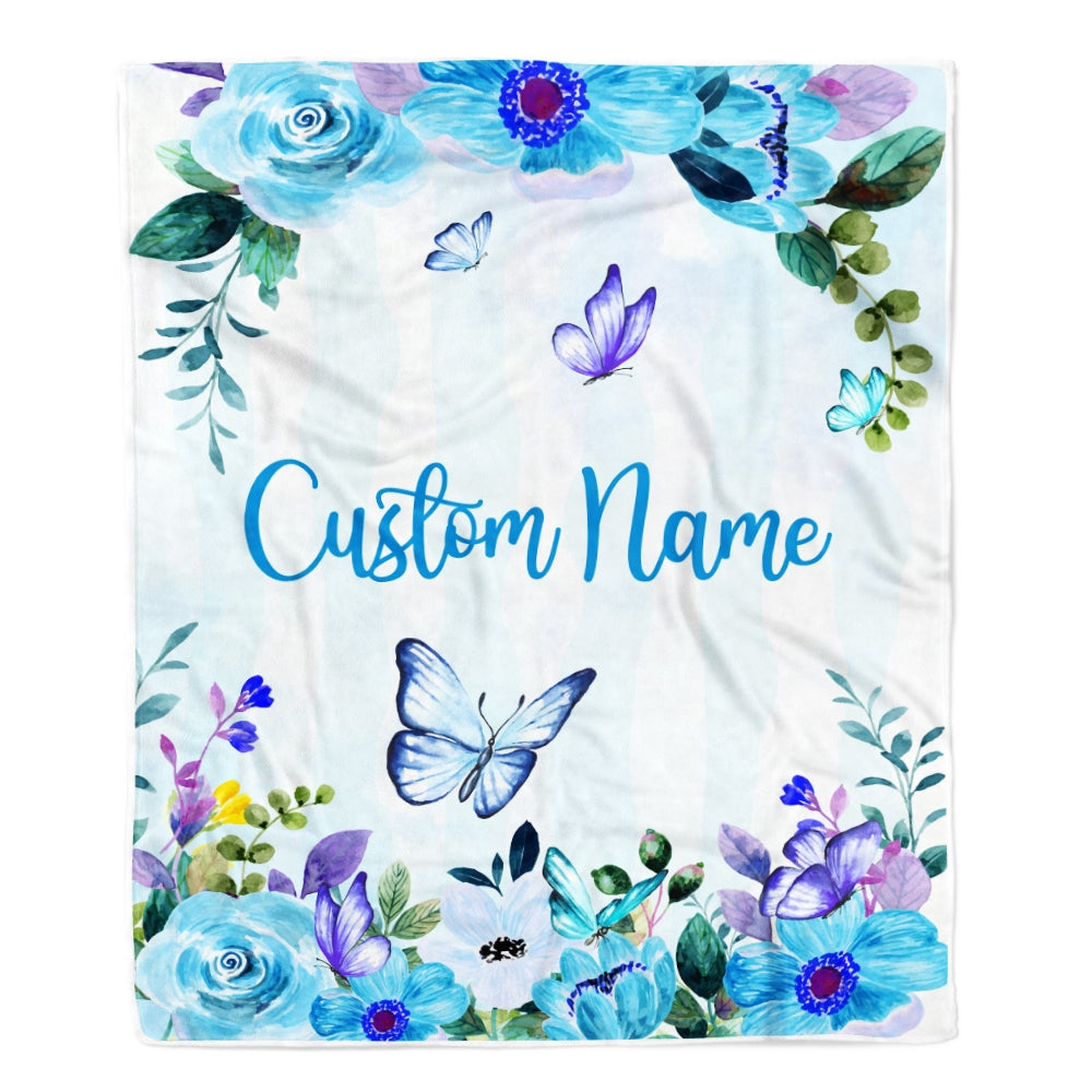 Personalized Baby Blanket With Name For Girl Butterfly Purle Flower Baby Girl Kid Daughter Granddaughter Niece Birthday Customized Christmas Fleece Blanket | siriusteestore