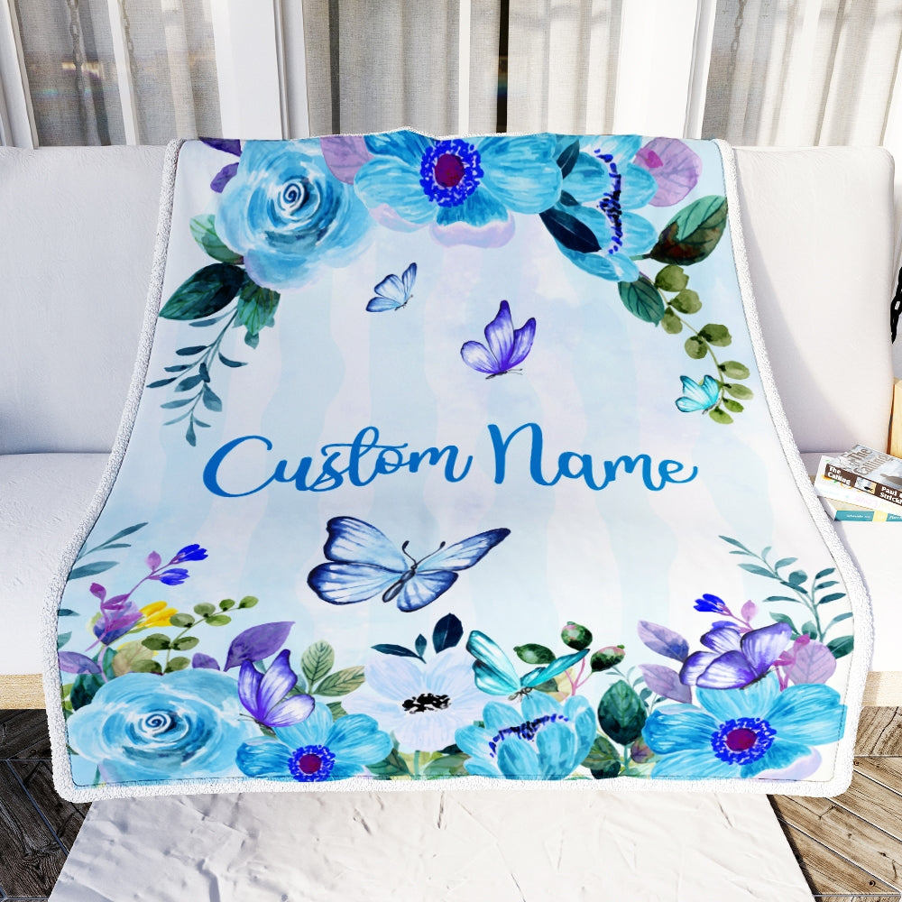 Personalized Baby Blanket With Name For Girl Butterfly Purle Flower Baby Girl Kid Daughter Granddaughter Niece Birthday Customized Christmas Fleece Blanket | siriusteestore