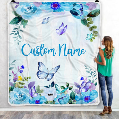 Personalized Baby Blanket With Name For Girl Butterfly Purle Flower Baby Girl Kid Daughter Granddaughter Niece Birthday Customized Christmas Fleece Blanket | siriusteestore
