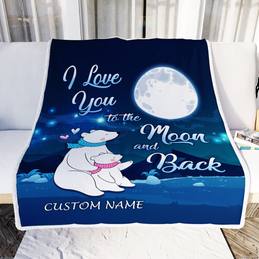 Personalized Baby Blanket With Name I Love You To The Moon Polar Bears Newborn Son Daughter Niece Granddaughter Birthday Christmas Customized Fleece Blanket | siriusteestore