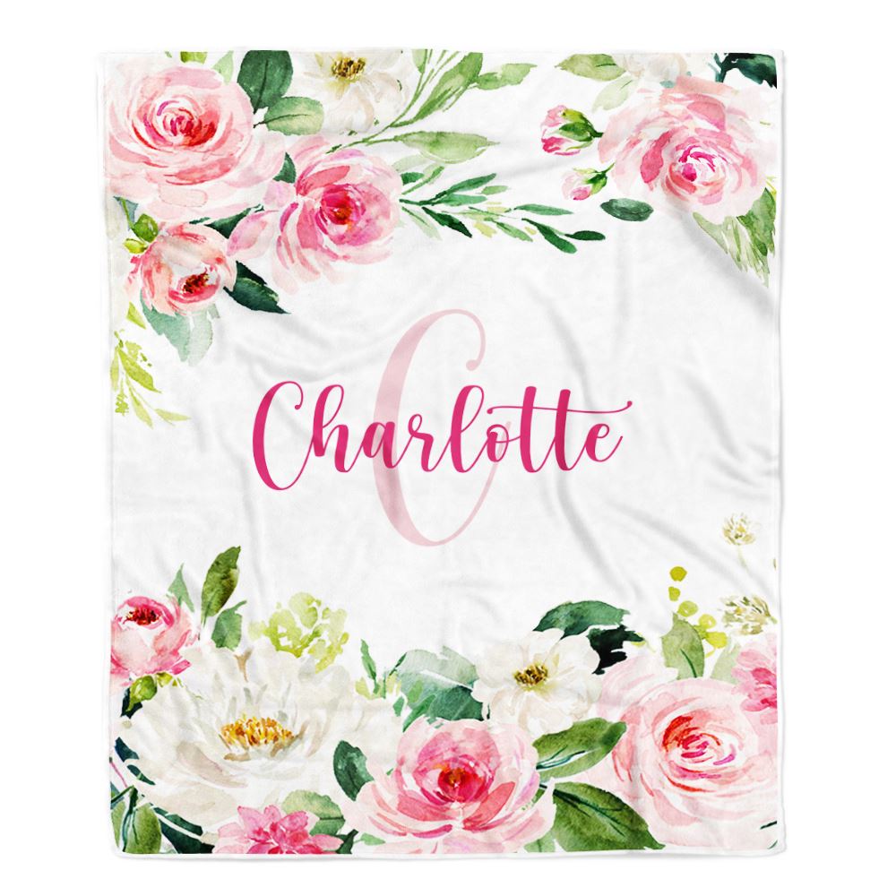 Personalized Baby Blanket for Girls with Name Pink Flower Custom Baby Newborn Daughter Granddaughter Niece Birthday Christmas Customized Bed Fleece Blanket | siriusteestore