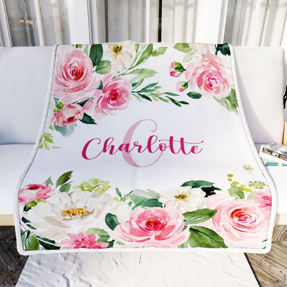Personalized Baby Blanket for Girls with Name Pink Flower Custom Baby Newborn Daughter Granddaughter Niece Birthday Christmas Customized Bed Fleece Blanket | siriusteestore