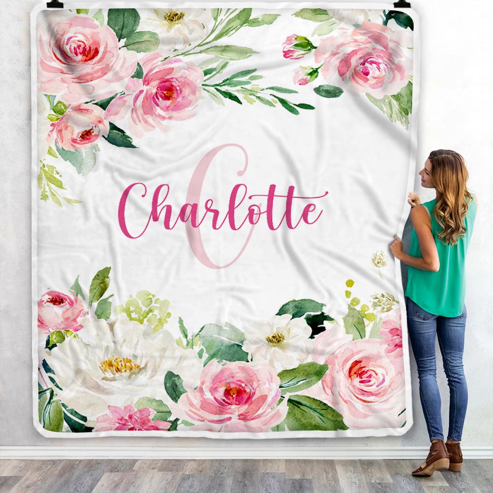 Personalized Baby Blanket for Girls with Name Pink Flower Custom Baby Newborn Daughter Granddaughter Niece Birthday Christmas Customized Bed Fleece Blanket | siriusteestore