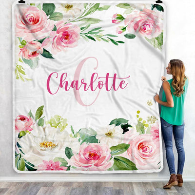 Personalized Baby Blanket for Girls with Name Pink Flower Custom Baby Newborn Daughter Granddaughter Niece Birthday Christmas Customized Bed Fleece Blanket | siriusteestore