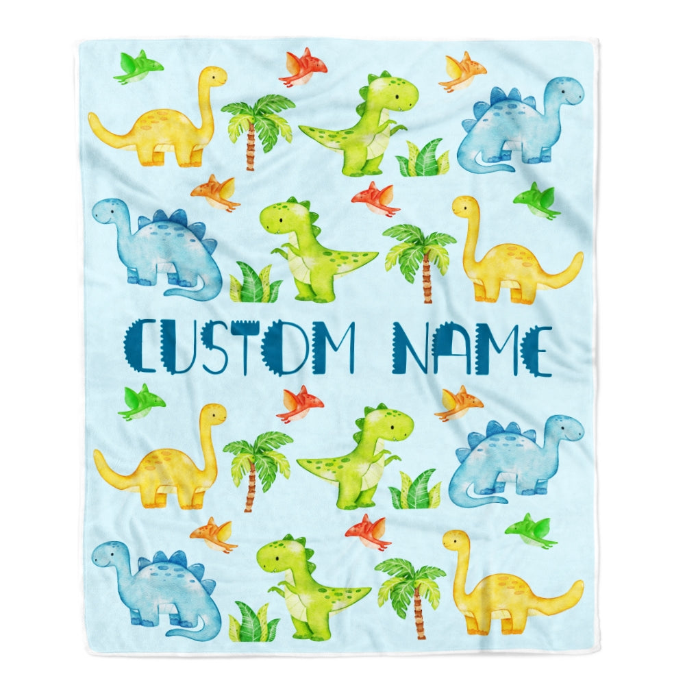 Personalized Baby Blanket with Name Custom for Baby Boy Dinosaur Light Blue Newborn Kids Son Grandson Nephew Birthday Christmas Customized Fleece Blanket | siriusteestore