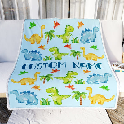 Personalized Baby Blanket with Name Custom for Baby Boy Dinosaur Light Blue Newborn Kids Son Grandson Nephew Birthday Christmas Customized Fleece Blanket | siriusteestore