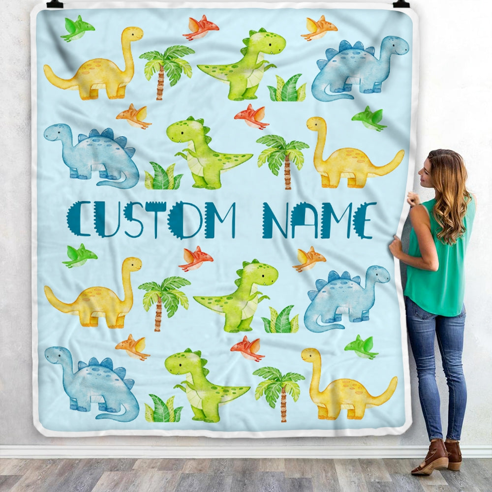 Personalized Baby Blanket with Name Custom for Baby Boy Dinosaur Light Blue Newborn Kids Son Grandson Nephew Birthday Christmas Customized Fleece Blanket | siriusteestore