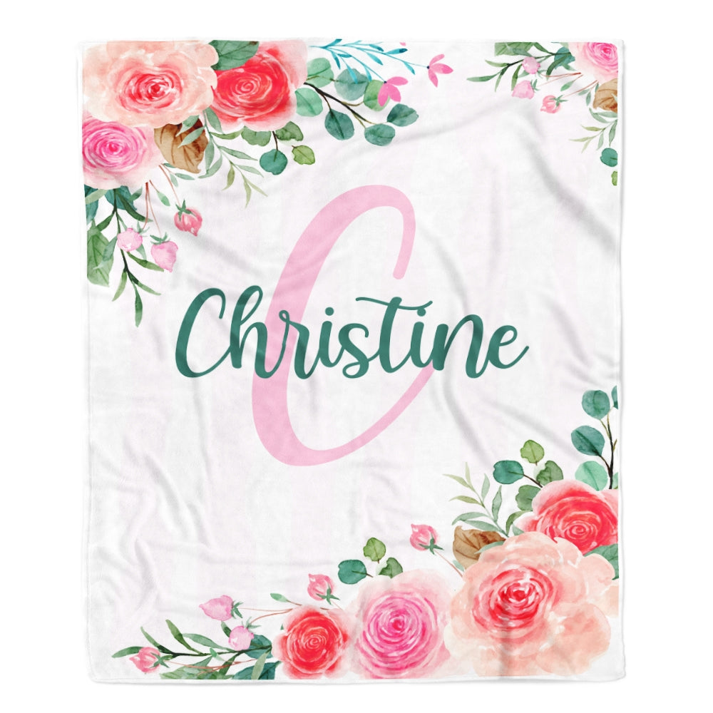 Personalized Baby Blankets for Girls with Name Pink Flower Floral Custom Baby Blankets Girls Daughter Granddaughter Niece Birthday Christmas Fleece Blanket | siriusteestore