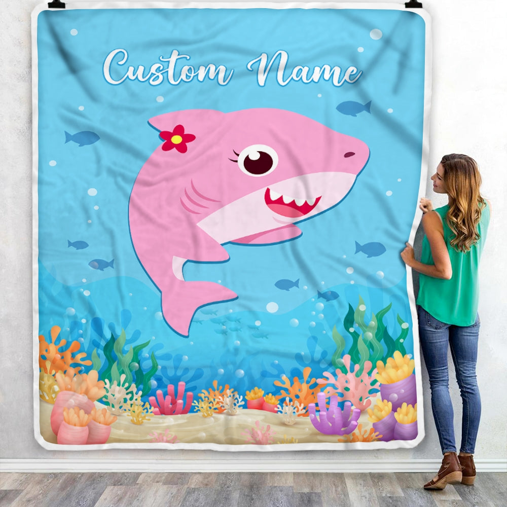 Personalized Baby Girl Blanket Cute Shark Design for Kids Newborn Daughter Granddaughter Niece From Mom Aunt Birthday Customized Christmas Fleece Blanket | siriusteestore