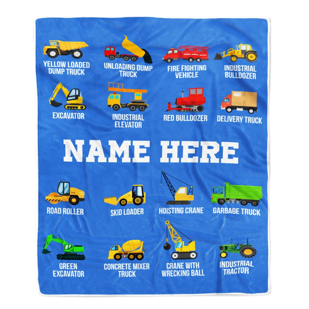 Personalized Baby Name Blanket Dump Truck Bulldozer Construction Tractor Firetruck Boy Kids Son Grandson Nephew Birthday Christmas Customized Fleece Blanket | siriusteestore