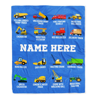Personalized Baby Name Blanket Dump Truck Bulldozer Construction Tractor Firetruck Boy Kids Son Grandson Nephew Birthday Christmas Customized Fleece Blanket | siriusteestore