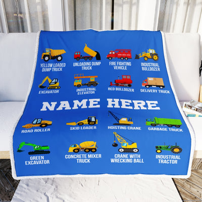 Personalized Baby Name Blanket Dump Truck Bulldozer Construction Tractor Firetruck Boy Kids Son Grandson Nephew Birthday Christmas Customized Fleece Blanket | siriusteestore