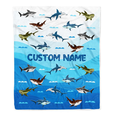 Personalized Custom Baby Blanket Blue Shark Design For Baby Boys Girls Kids Newborn Daughter Granddaughter Niece From Aunt Birthday Bed Fleece Throw Blanket | siriusteestore