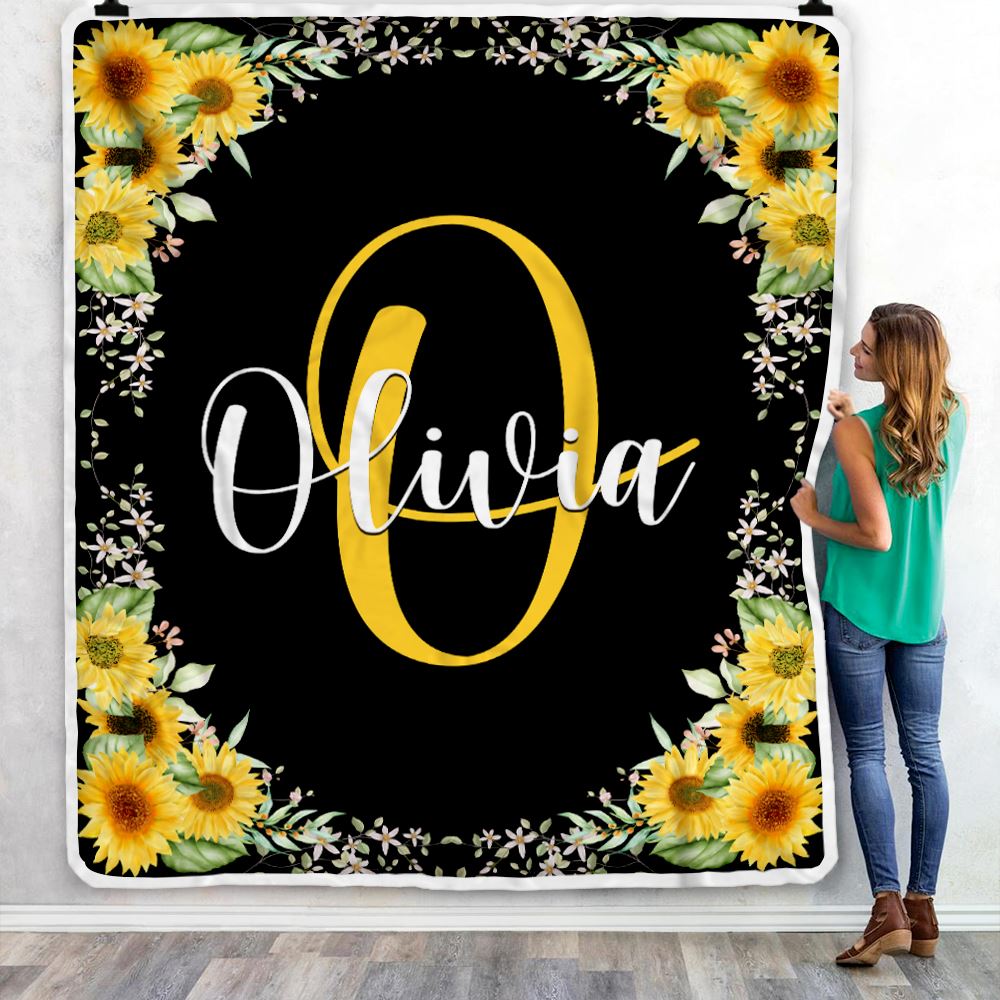 Personalized Custom Baby Blanket With Name For Girls Monogra With Sunflower For Kids Daughter Granddaughter Niece Birthday Christmas Bed Fleece Throw Blanket | siriusteestore