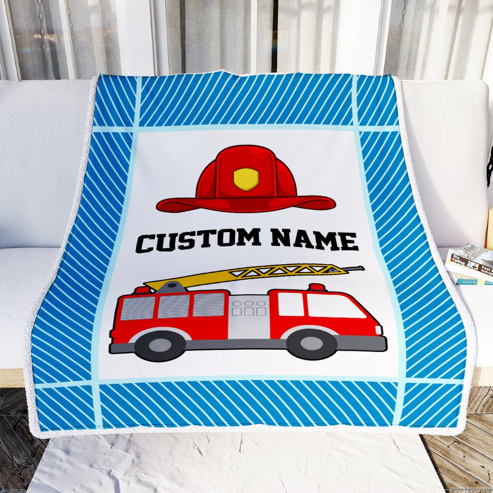 Personalized Custom Firetruck Baby Blanket with Name Custom Baby Nursery for Boys Girls Son Grandson Nehpew Birthday Customized Fleece Blanket | siriusteestore