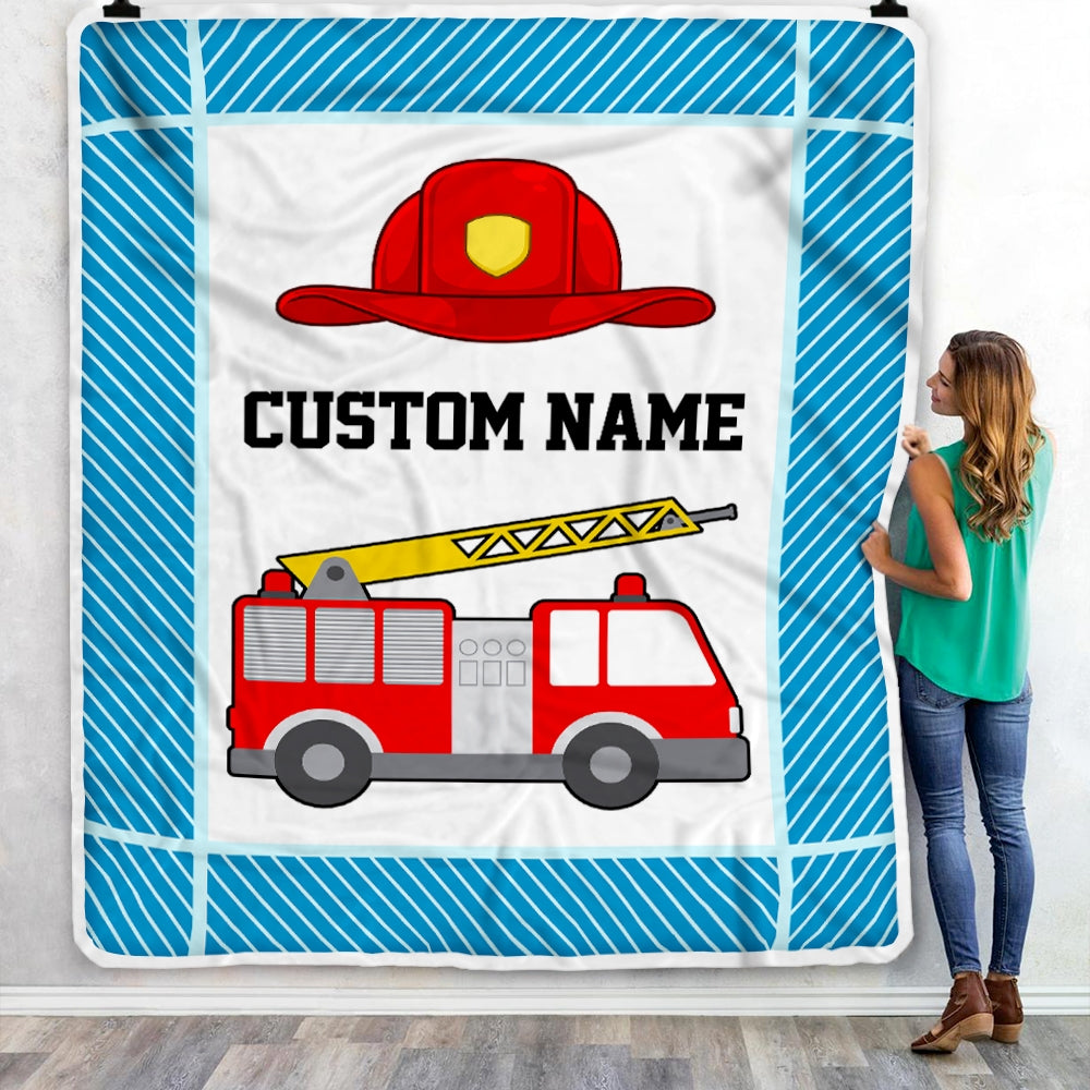 Personalized Custom Firetruck Baby Blanket with Name Custom Baby Nursery for Boys Girls Son Grandson Nehpew Birthday Customized Fleece Blanket | siriusteestore