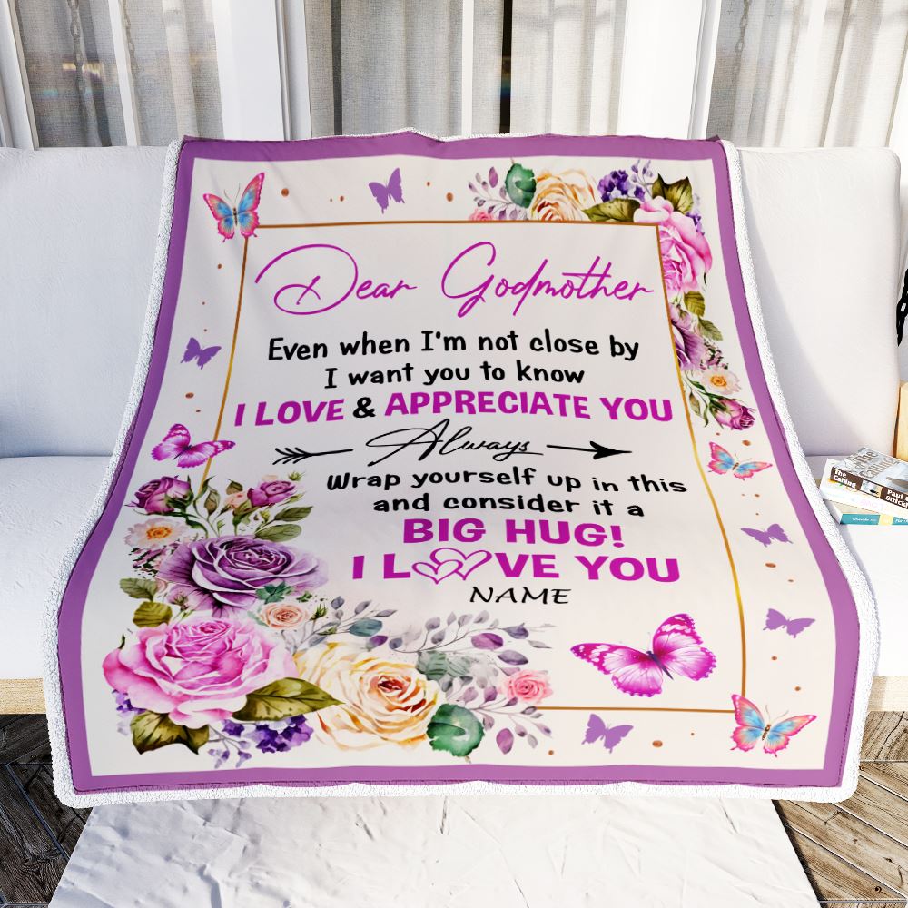 Personalized Dear Godmother Blanket From Goddaughter Niece It A Big Hug Butterfly Rose Godmother Birthday Mothers Day Christmas Customized Fleece Blanket | siriusteestore
