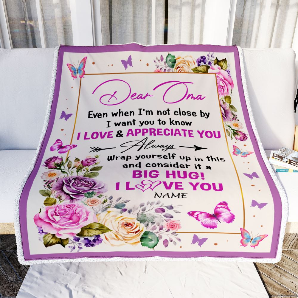 Personalized Dear Oma Blanket From Granddaughter Grandson It A Big Hug Butterfly Rose Oma Birthday Mothers Day Christmas Customized Fleece Throw Blanket | siriusteestore